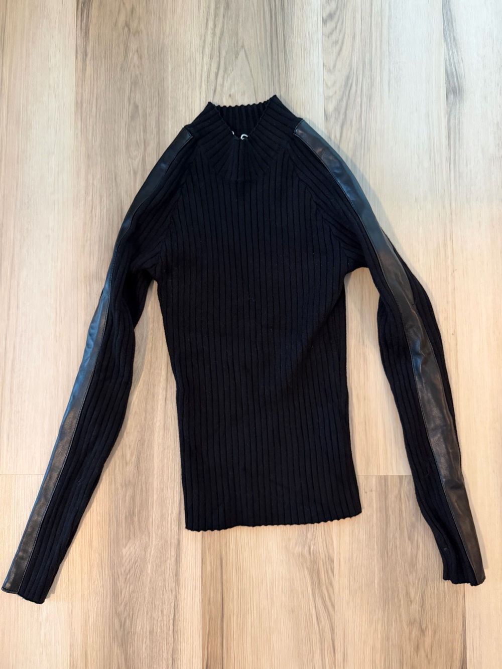 Black Ribbed Long-Sleeve Top with Faux Leather Sleeve Panels